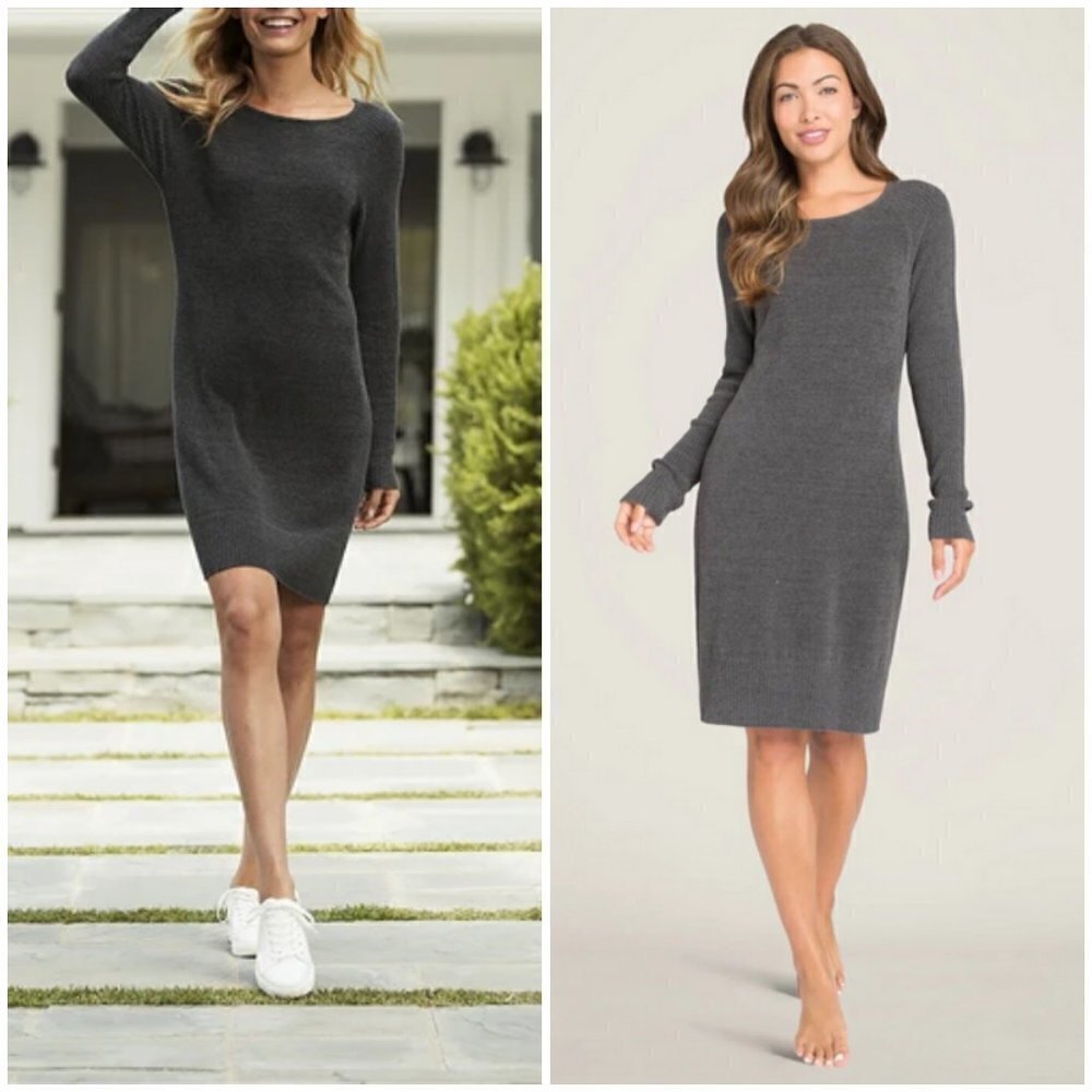 💕BAREFOOT DREAMS CozyChic Ultra Lite Long Sleeved Dress Carbon Gray Medium NWT